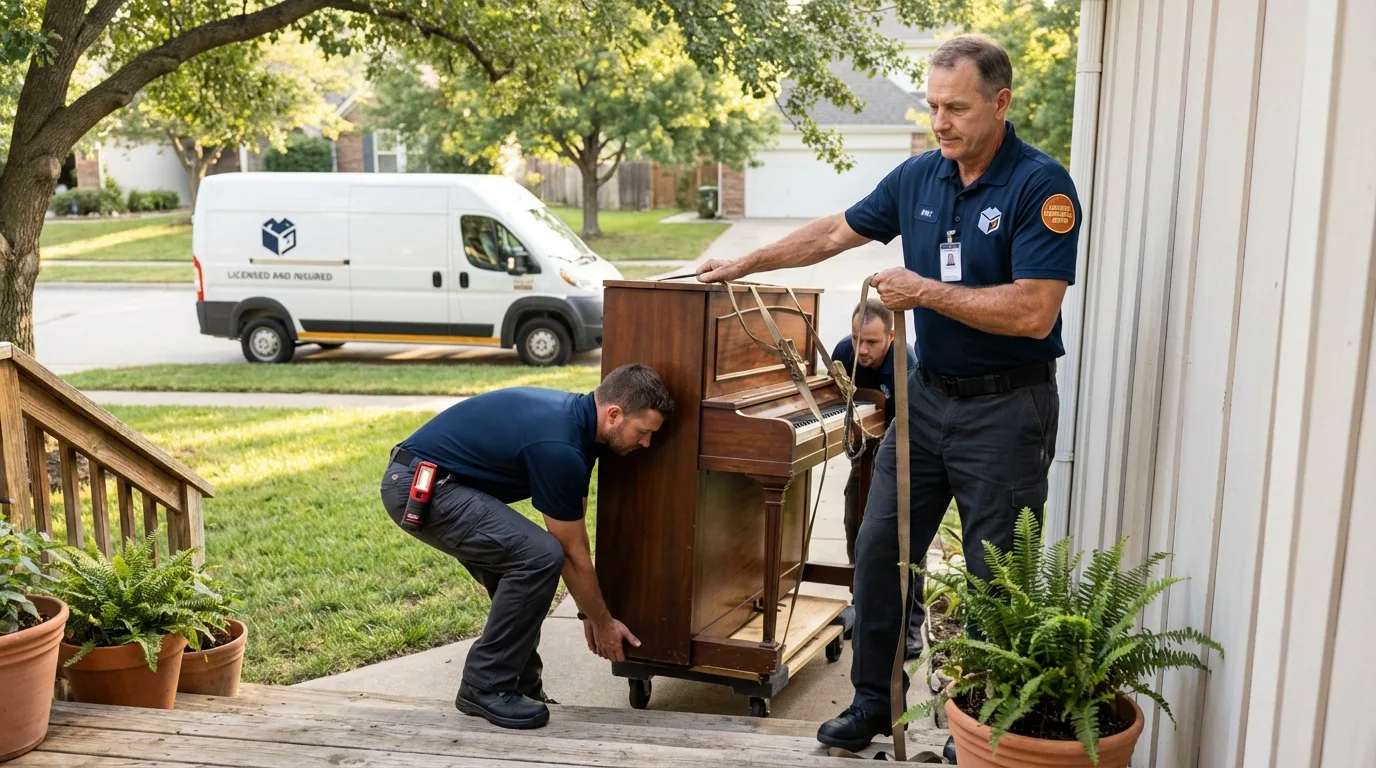 Licensed piano movers securing grand piano in Redwood City, CA