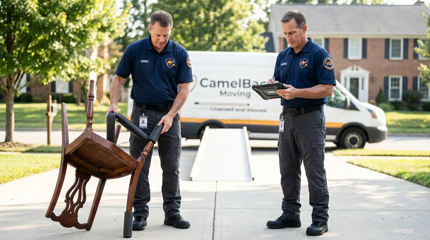 Movers inspecting furniture for damage prevention before loading in Redwood City, CA