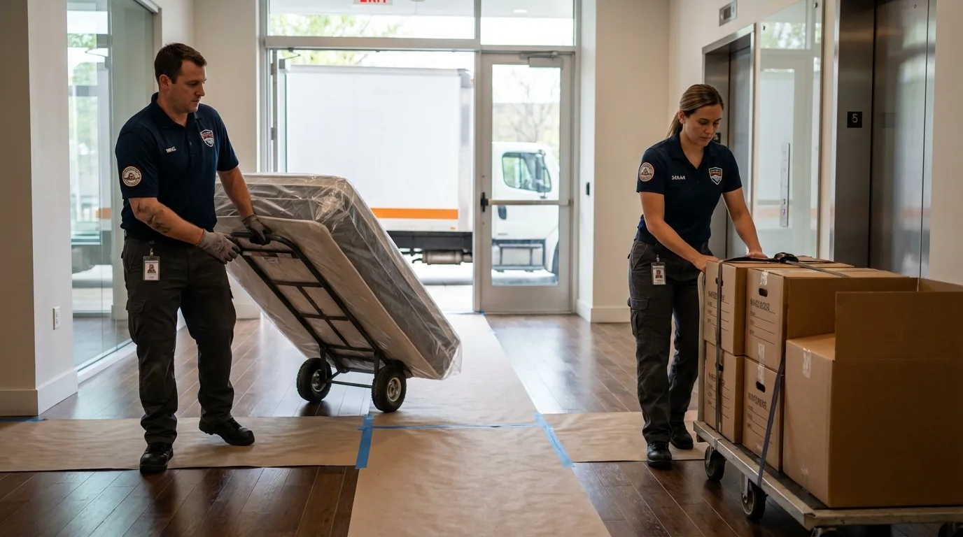 Professional apartment movers loading elevator in Redwood City, CA