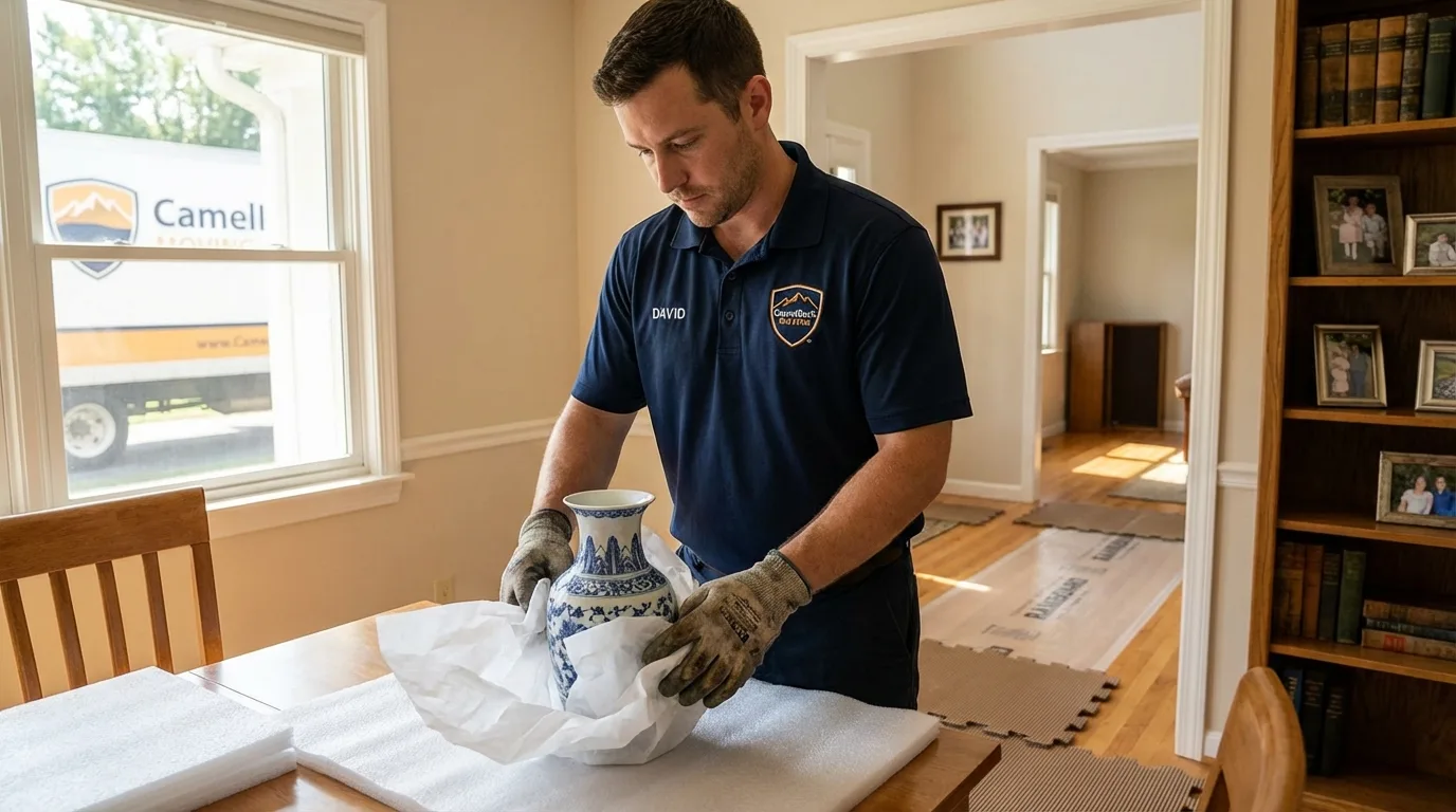 Professional crew carefully wrapping antique vase for senior downsizing move in Redwood City, CA